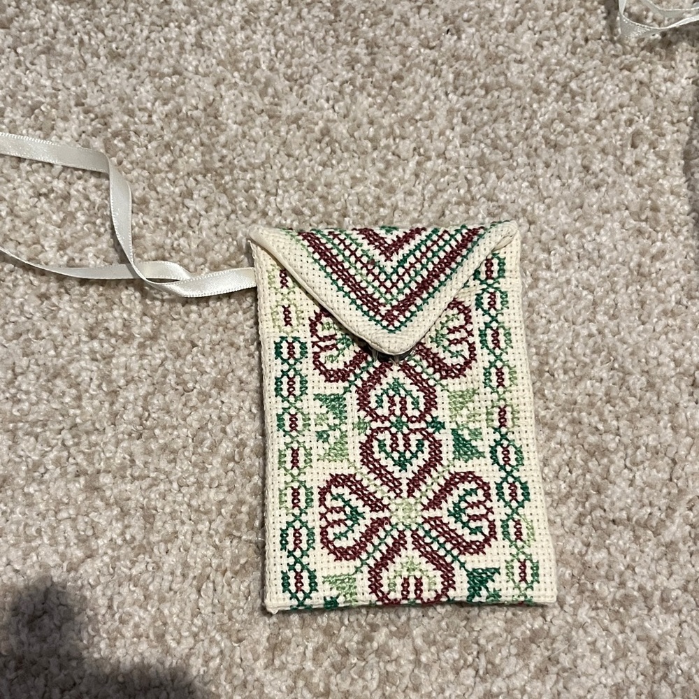 Embroidered Cream jewelry Pouch with Green & Purple Pattern